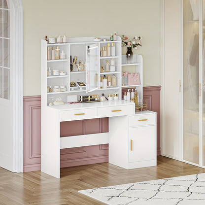 Jewelry Storage Cabinet, Large Table Top with Mirror, 3 Drawers And 1 Cabinet, Open Multi-Level Shelves for Bedroom, Wardrobe, 40 X 130 X 149cm, White, Jewelry Armoires - QUORE