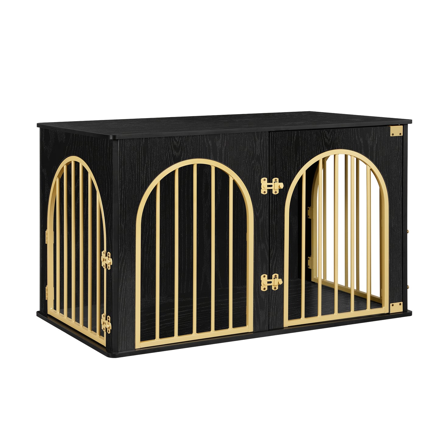 Hondenbench – Hondenkooi – Hondenverblijf – Huisdierbench – Hondenren – Zwart-Gouden Design – 3 Draaideuren & Boogvormige Deur – Stevig Metaal en Hout – 60 x 100 x 63 cm – Voor Middelgrote tot Grote Honden