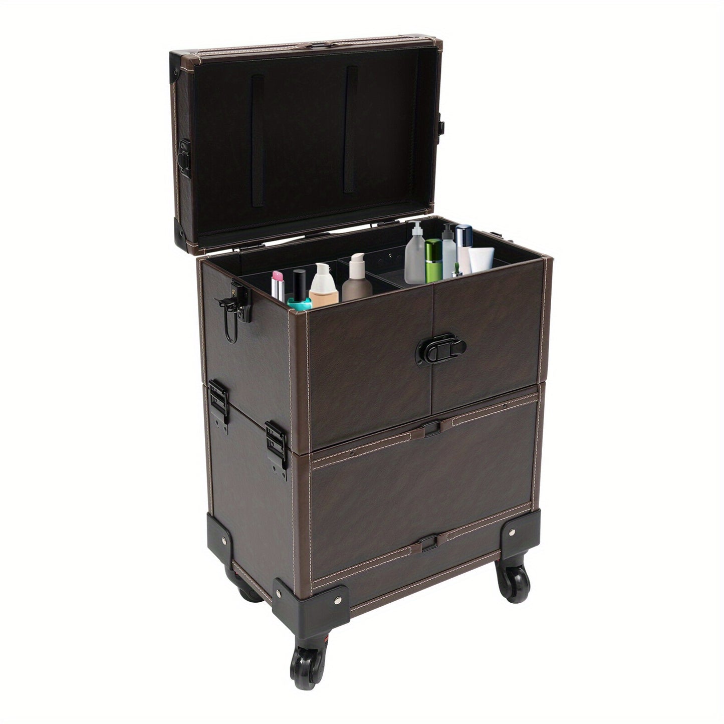 Make-up trolley – Make-up koffer – Beauty trolley – Rolling case – Cosmetica organizer – Koffiebruin – Duurzaam PU materiaal – 6 uitschuifbare trays