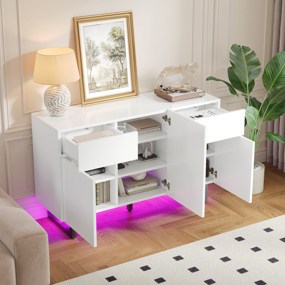 Sideboard, modern sideboard, 120cm, featuring ample storage space, drawers and cabinet doors, white finish with black handles and metal legs, suitable for dining rooms, living rooms or kitchens.