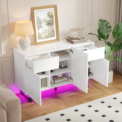 Sideboard, modern sideboard, 120cm, featuring ample storage space, drawers and cabinet doors, white finish with black handles and metal legs, suitable for dining rooms, living rooms or kitchens.