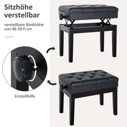 Verstelbare Piano Kruk – Pianobank – Muziekstoel – Keyboard Kruk – Oefenkruk – Zwart – Stevig Metalen Frame – Ingebouwde Opbergruimte