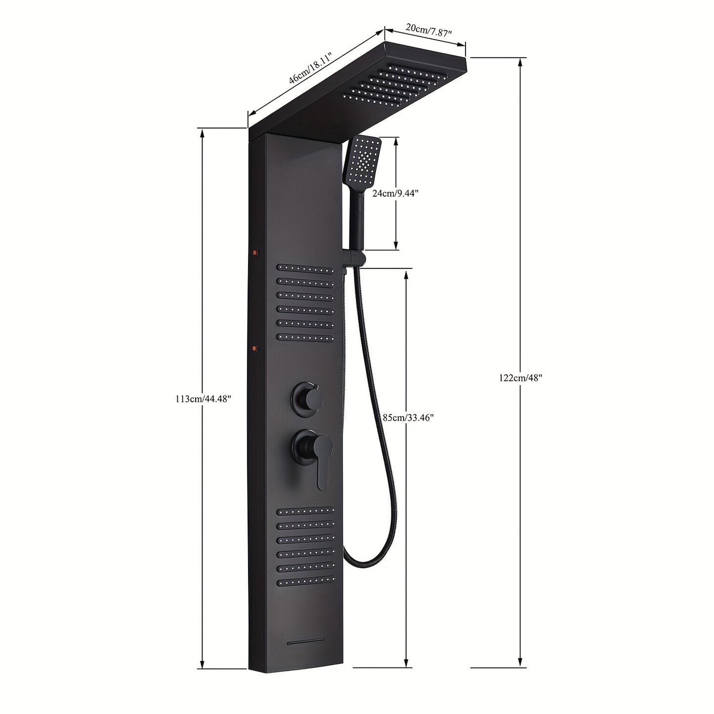 5-in-1 Stainless Steel Shower Panel Tower System with Rainfall Showerhead, Waterfall Spout, Handheld Shower & Tub Spout - High-Pressure Wall-Mounted Bath System, Matte Black Finish, Blue Backlit Controls, Easy Installation (N