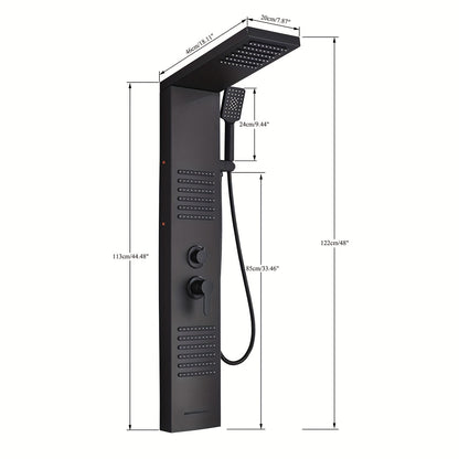 5-in-1 Stainless Steel Shower Panel Tower System with Rainfall Showerhead, Waterfall Spout, Handheld Shower & Tub Spout - High-Pressure Wall-Mounted Bath System, Matte Black Finish, Blue Backlit Controls, Easy Installation (N