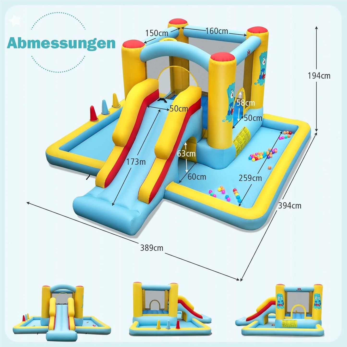 Springkussen – Springkasteel – Luchtkussen – Speeltoestel – Jump-O-Lene – Met Glijbaan & Tunnel – Inclusief Basketbalring & Ringwerpspel – Groot 394x389x194 cm – Duurzaam Oxford Polyester