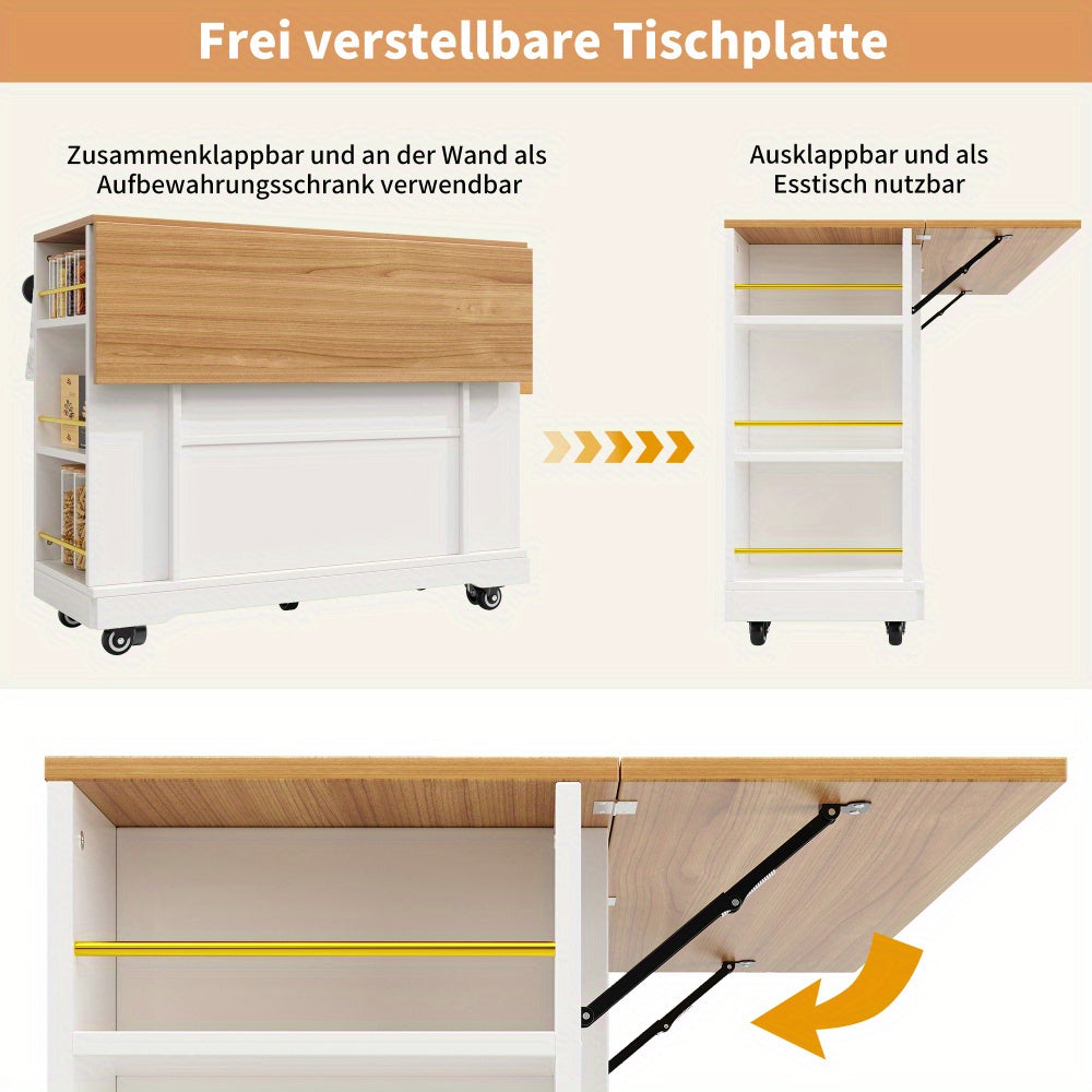 Keukeneilandwagen – Keukentrolley – Serveerwagen – Keukenkast – Keukeneiland – Uitschuifbare Tafel – MDF Met 4 Wieltjes