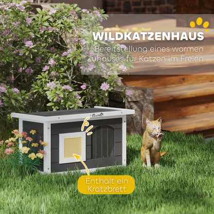 Kattenhuis – Huisdierhuisje – Houten Kattenhut – Knus Dierenverblijf – Krabpaal Mat – Grijs – Waterafstotend Grenenhout – Inclusief Deurflap en Krabmat