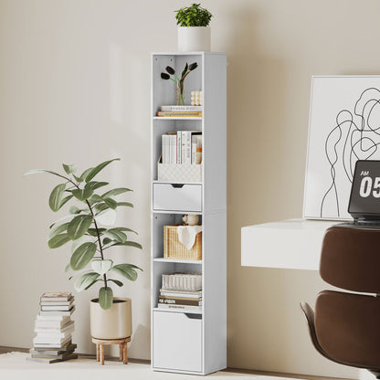 Boekenkast – Boekplank – Opbergkast – Vakkenkast – Rek – Wit – 6 Niveaus – 3-Traps Verstelbare Plank – Lade & Kastdeur