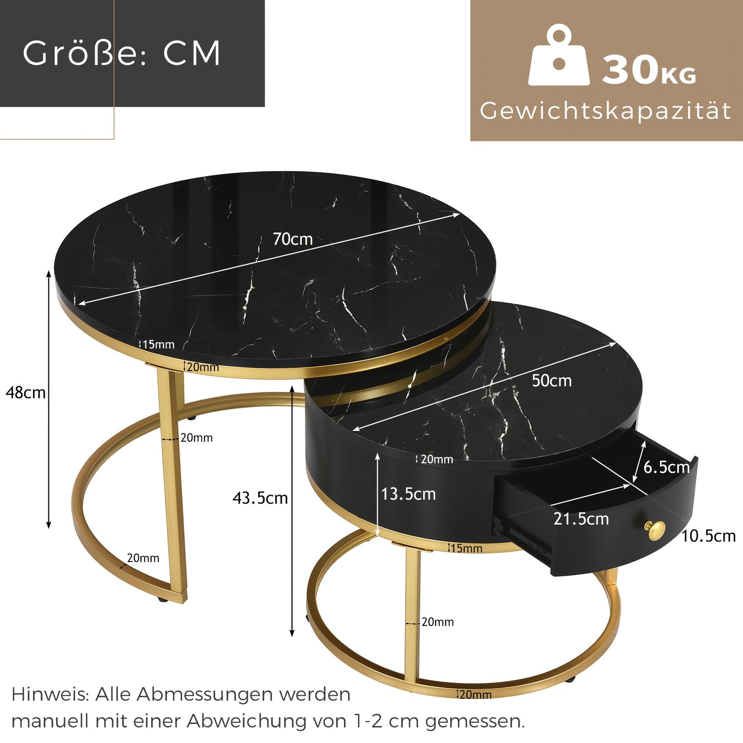 Salontafel – Koffietafel – Bijzettafel – Ronde Tafel – Woonkamertafel – Hoogglans – Imitatie Marmer Structuur – Twee Maten – Zwart