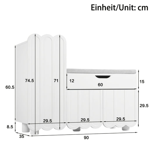 Modern White 3-Door Shoe Cabinet with Bench & Drawer - Space-Saving Hallway Entryway Storage, -Standing Shoe Organizer with Cushioned Seat, Doors & Drawers for Small Spaces, Assembly Required (Compatible with Narrow Hallways)