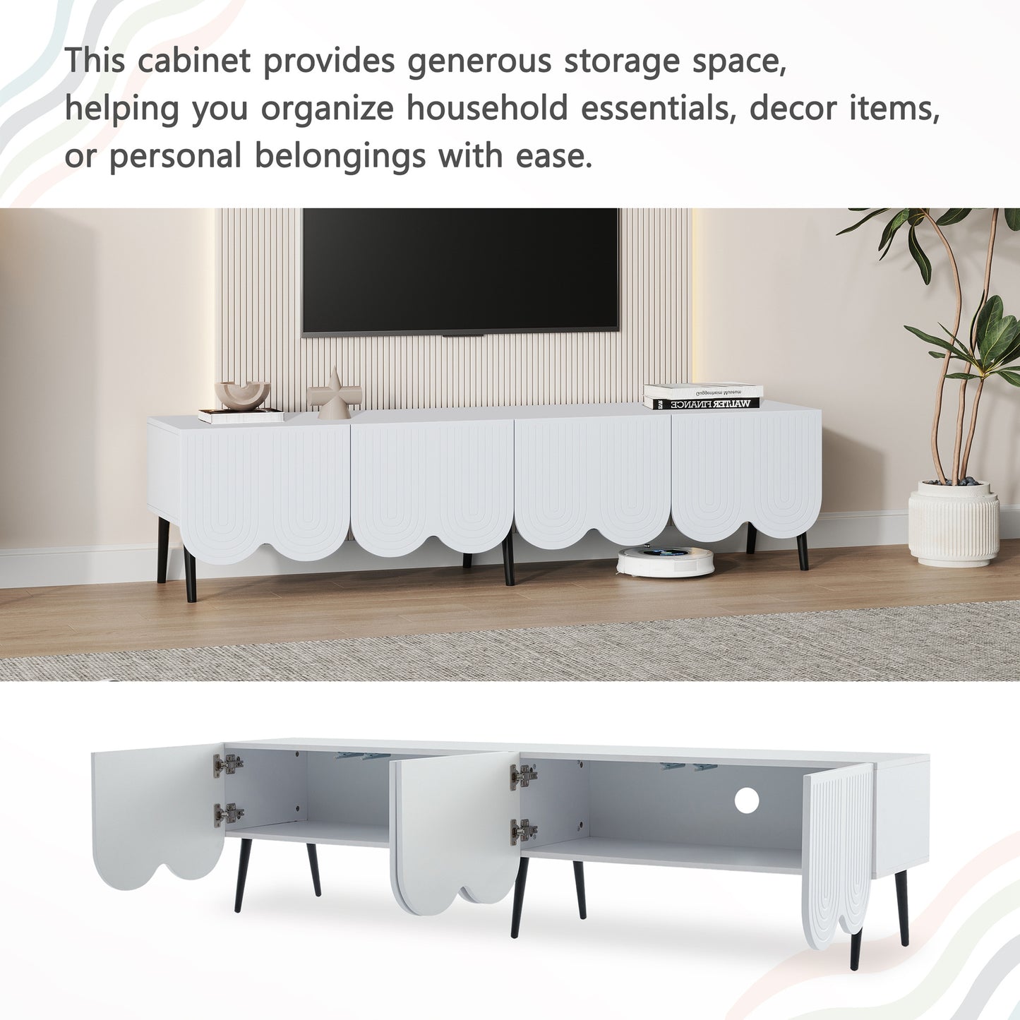 TV-Meubel – TV-Kast – Lowboard – Mediameubel – Dressoir – Modern Design – Soft-Close Deuren – Geschikt voor Tv’s Tot 80 Inch – Mat Wit Met Golvend Deurpatroon
