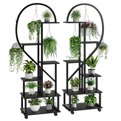 Plantenstandaard – Plantenrek – Bloemenhouder – Plantentoren – Plantenkast – Zwart – 6 Etages – Met Laden En Wieltjes