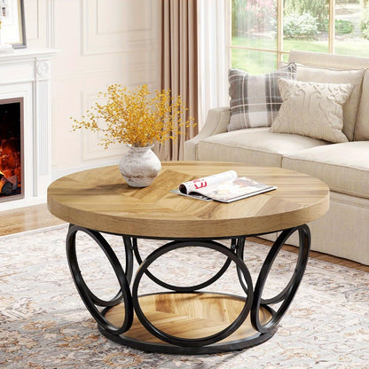 Ronde Salontafel – Ronde Tafel – Houten Tafel – Woonkamertafel – Farmhouse Tafel – 80 cm Diameter – 2-Tier Opbergruimte – E1 MDF Metalen Frame