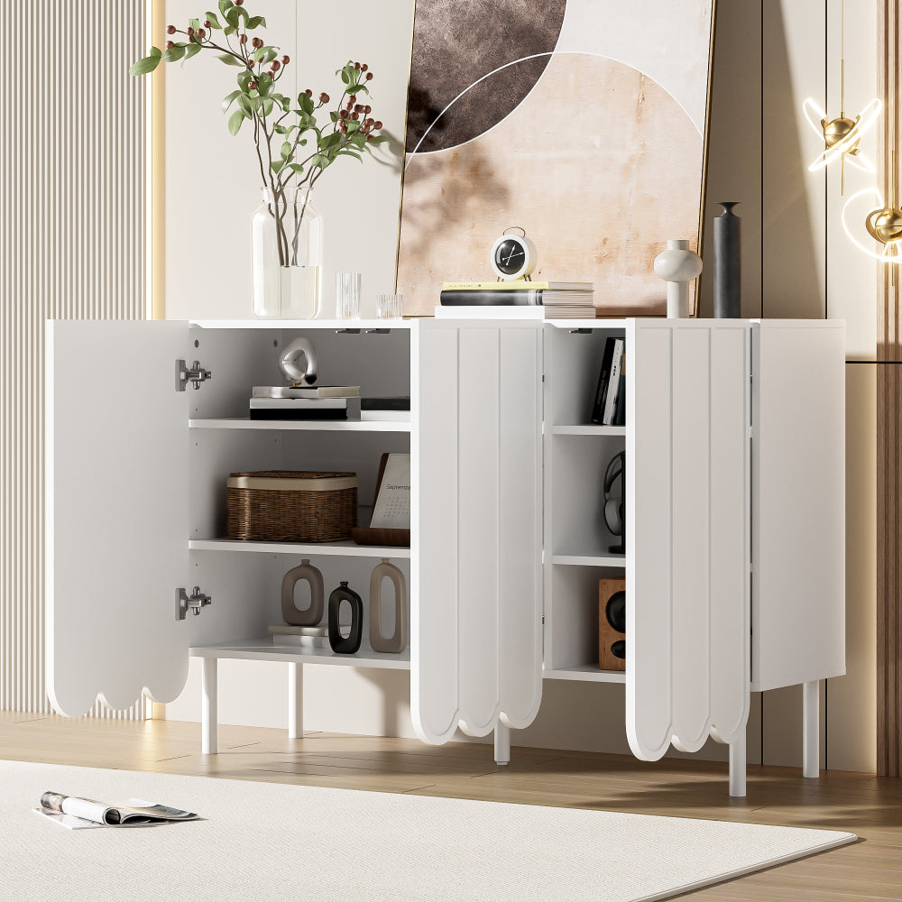 Dressoir – Opbergkast – Ladekast – Buffetkast – Woonkast – Modern wit – Golvende deuren – 120x35x80 cm – Grepenloos design – Verstelbare planken