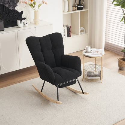 Contemporary Black Rocking Chair with Padded Teddy Bear Taffeta Cover & Extendable Footrest - Heavy-Duty Metal Frame, Easy Assembly, Soft Cushioned & Backrest, Hard Floor Compatible - Modern Accent Chair for Living Room, Bedr