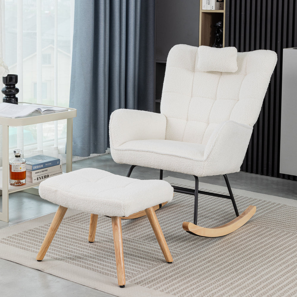 Relaxstoel – Fauteuil – Loungestoel – Schommelstoel – Draaifauteuil – Witte Relaxstoel Met Voetensteun – Breed Zitvlak 65 cm – Stevige Schommelmechaniek Met Hoofdsteun