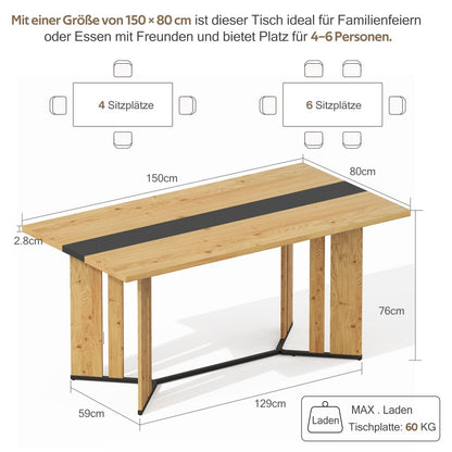 Modern Scandinavian Dining Table with Thick 2.8cm High Quality & Scratch-Resistant Tabletop, Non-Slip Underlay & Sturdy Metal Legs - Easy Assembly, Brown Finish, Space-Saving Design for Kitchen, Living Room, Small Spaces - Du