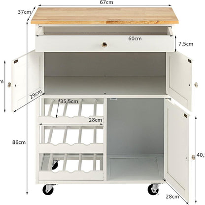 Keukentrolley – Keukenwagen – Serveerwagen – Keukenrek – Opbergwagen – Rubbenhouten Werkblad 67x37 CM – 3-Laags Opbergrek Met Lade en 2 Kastjes – Wieltjes Met REM