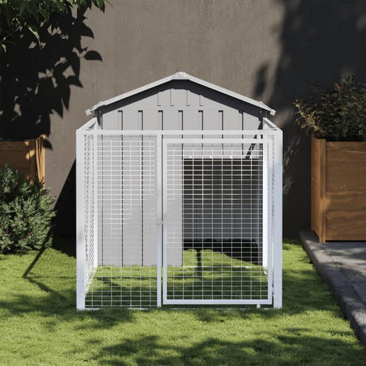 Hondenhok – Hondenkennel – Hondenhok Buiten – Hondenhuis – Hondenverblijf – Extra Groot – Verzinkt Staal – Weerbestendig – Ventilatie – 117x201x123 cm – Lichtgrijs