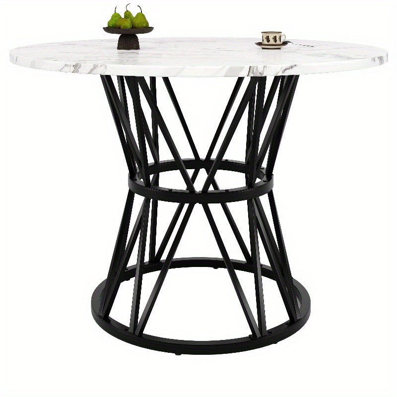 Ronde Eettafel – Tafeltje – Keukentafel – Eettafel Rond – Tafel 4 Personen – Marmeren Blad – Zwart Metalen Tripod Onderstel – 100x100x76 cm – Duurzaam & Stijlvol