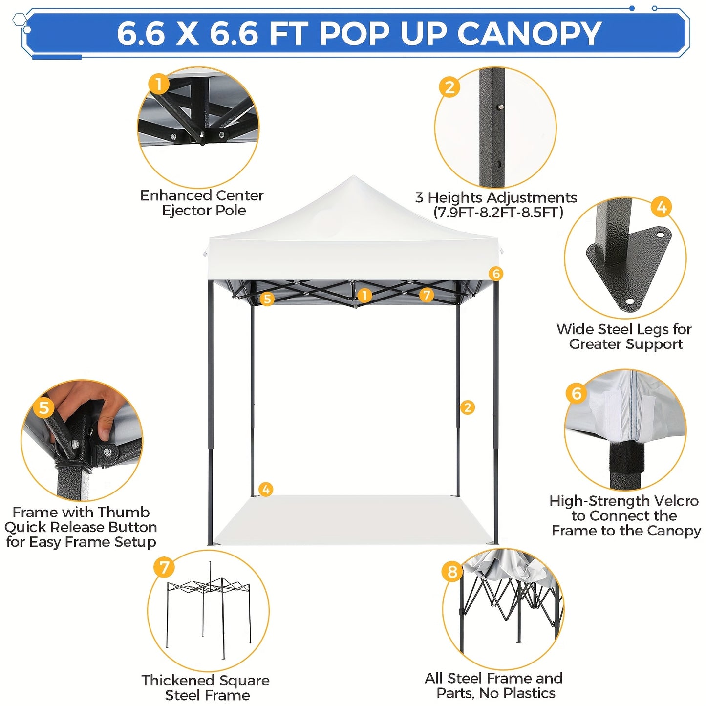 2×2m Pop Up Tent, Folding Gazebo, No Side Walls, With Portable Bag, Easy To Set Up, Height Adjustable, Small Volume For Easy Carrying, Oxford Cloth, Commercial Canopy, Suitable For Camping, Market Stalls, Parties, Beaches, C