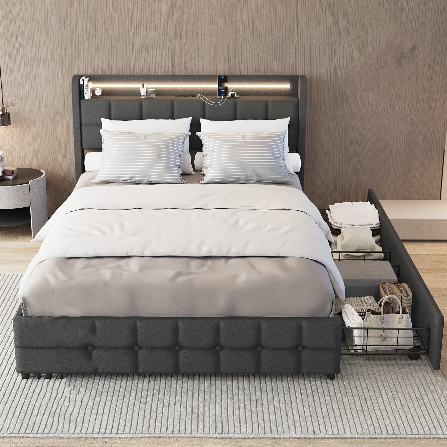Modern Gestoffeerd Tweepersoonsbed 140x200 cm – 2 Lade-opslag & RGB-Free LED Hoofdeinde – Grijs, Eenvoudige Montage (Exclusief Matras)
