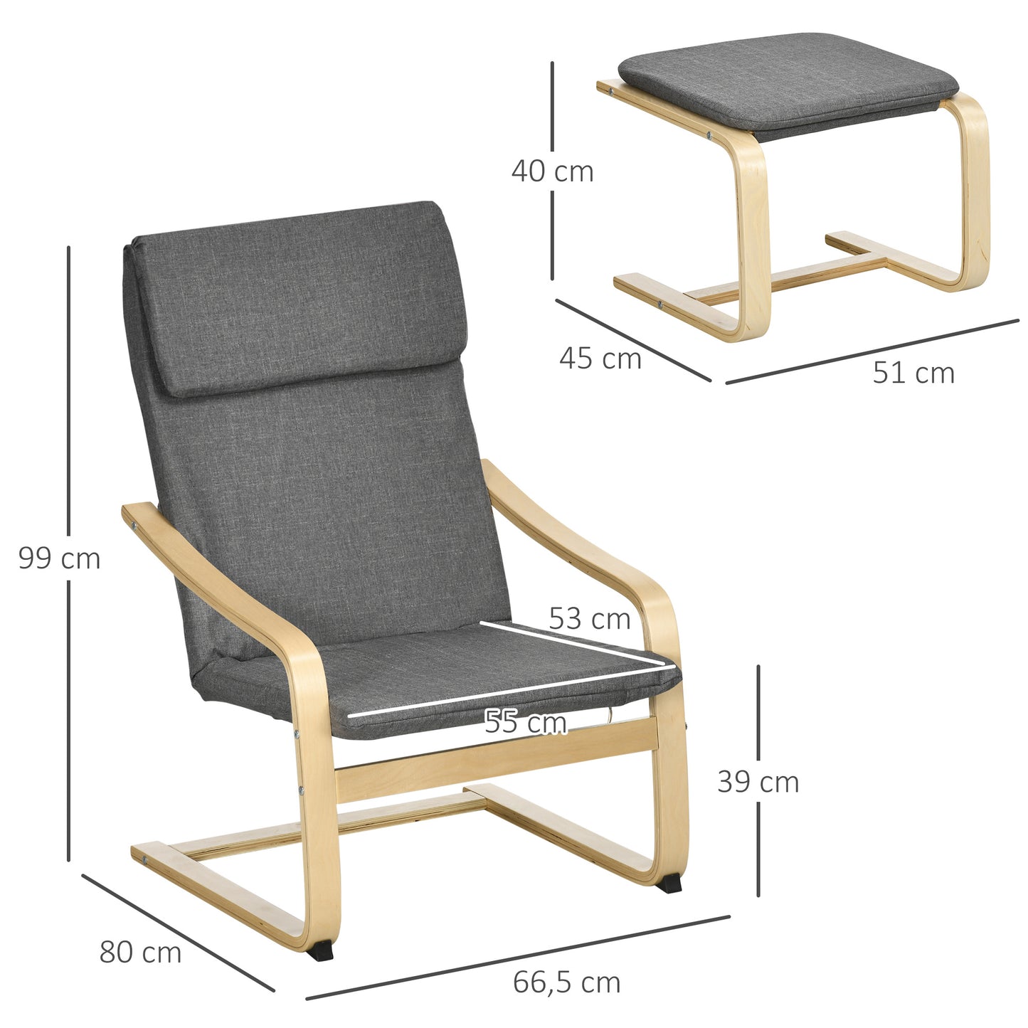 Fauteuil – Relaxstoel – Leunstoel – Zitzak – Armstoel – Met Voetenbank – Linnen Look – Massief Hout – Draagvermogen 120 Kg – Grijs/Natuurlijk