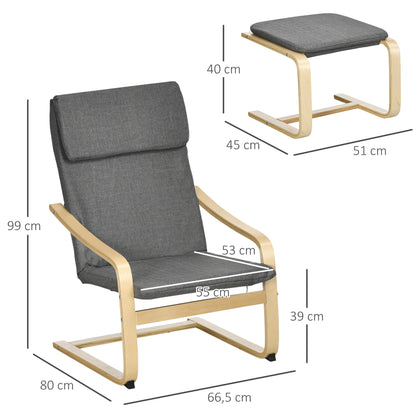 Fauteuil – Relaxstoel – Leunstoel – Zitzak – Armstoel – Met Voetenbank – Linnen Look – Massief Hout – Draagvermogen 120 Kg – Grijs/Natuurlijk