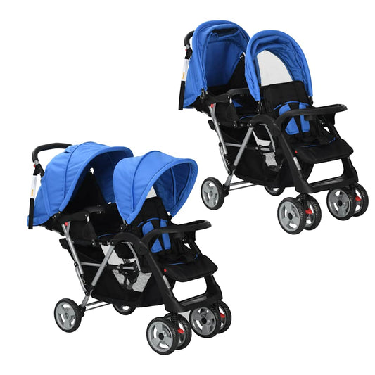 Buggy – Kinderwagen – Wandelwagen – Plooibuggy – Reisbuggy – Dubbele Zitting – Stalen Frame – Inclusief Zonnekappen – Tot 15 kg – Compact Inklapbaar – Blauw