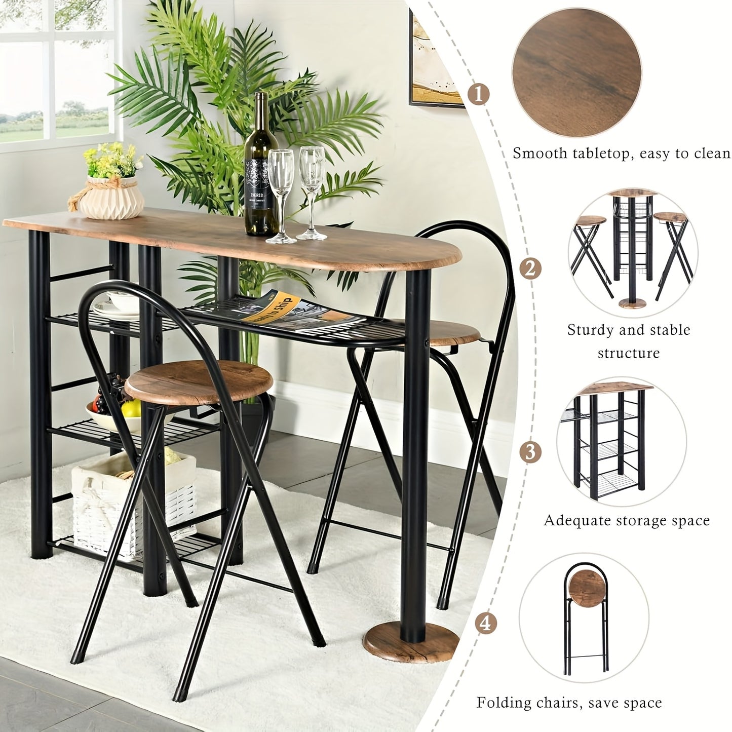 Eettafel – Tafel – Keukentafel – Eethoek – Kloostertafel – Industrieel Design – Massief Hout Met Opbergruimte – Inklapbare Krukjes – Bruin