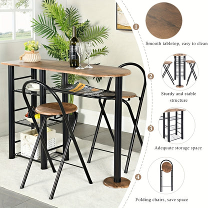 Eettafel – Tafel – Keukentafel – Eethoek – Kloostertafel – Industrieel Design – Massief Hout Met Opbergruimte – Inklapbare Krukjes – Bruin