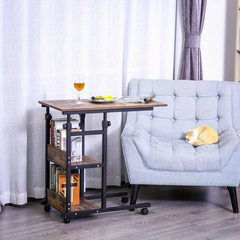 Side Table with Wheels, Adjustable Height, Compact, 2 Shelves, Metal Frame, 80X40X72-82 Cm, /Black, Living Room Table, Console Table, Suitable for Living Room, Dining Room, Bedroom, Foyer, Reception Area, Office, Balcony. Per