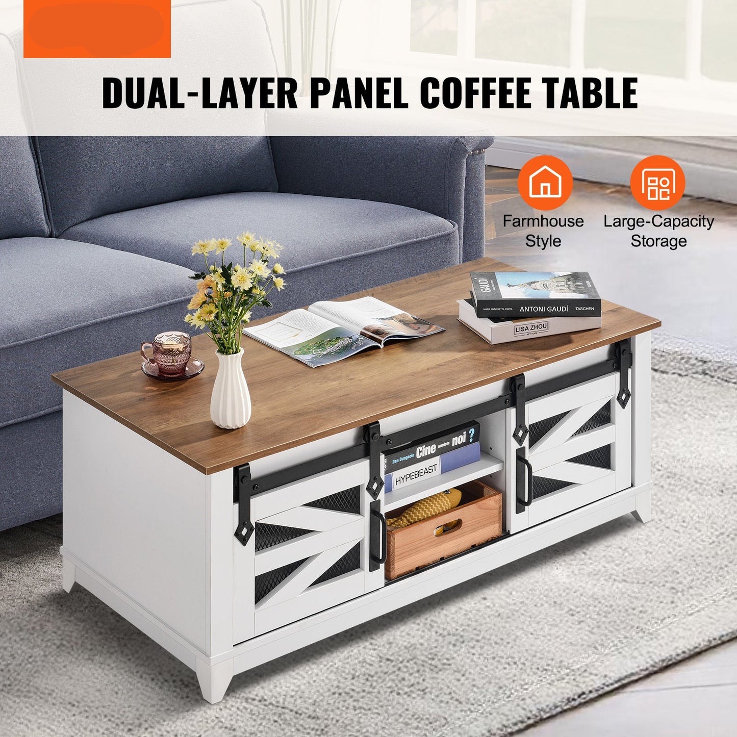 Salontafel – Koffietafel – Woonkamertafel – Bijzettafel – Tafel – 48 inch – Dubbel Blad Met Opbergruimte – Schuifdeuren Met Metalen Mesh
