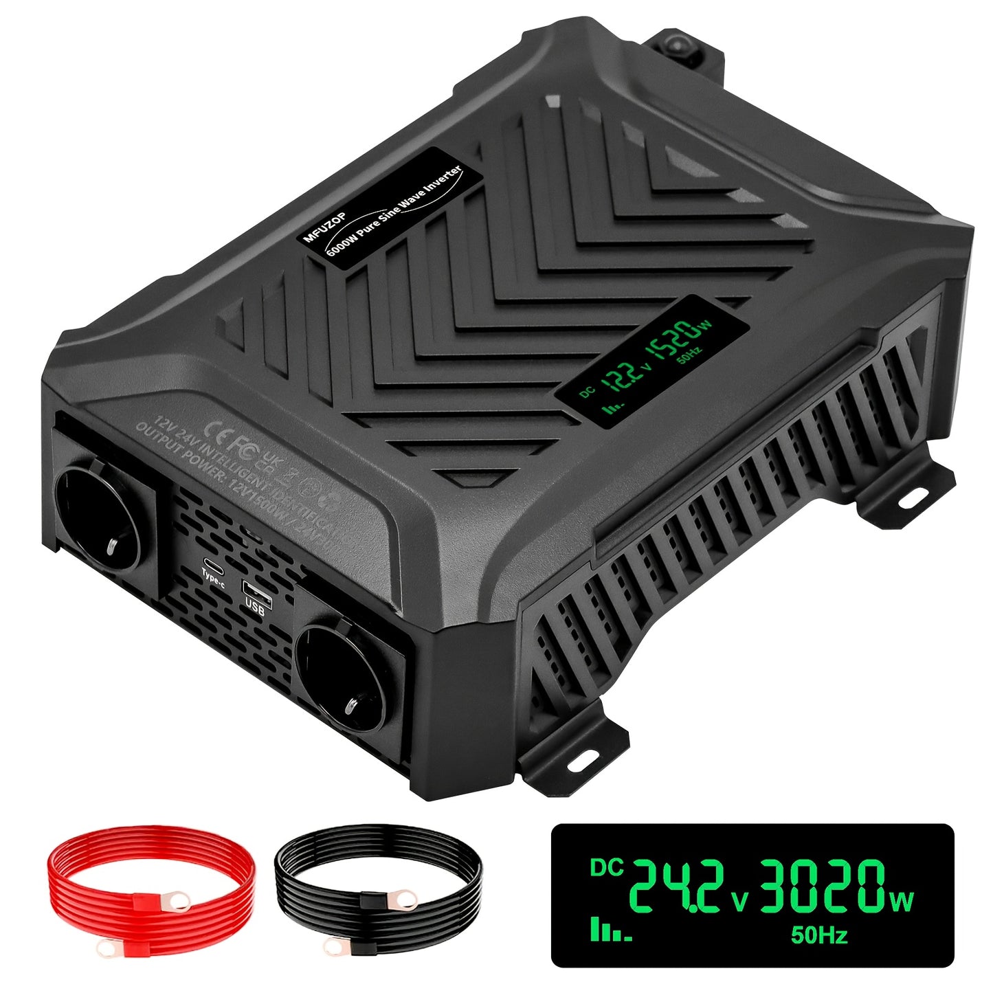 Omvormer – Spanningsomvormer – Stroomomzetter – DC naar AC Converter – Energieomvormer – Dual Voltage 12V/24V – 1500W/3000W Continu Vermogen – Pure Sinusgolf Met LCD Display & Intelligente Spanningdetectie