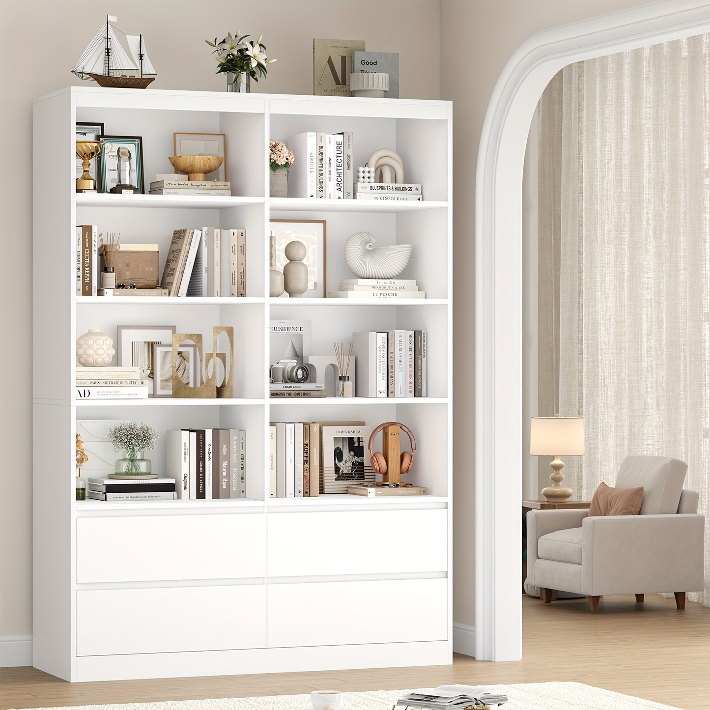 Boekenkast – Boekplank – Boekenrek – Opslagkast – Vakkenkast – 6-Lagen Met Lades – Wit Hout