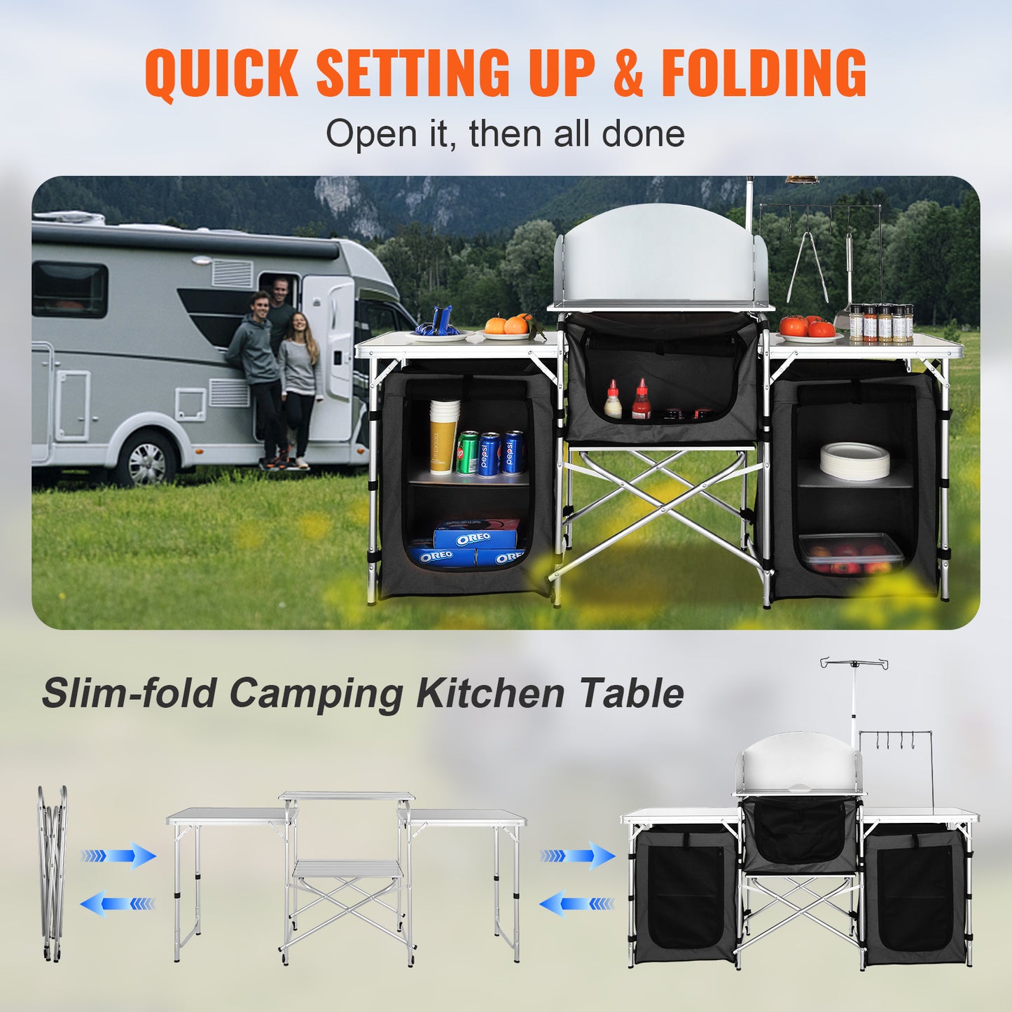 Campingkeukentafel – Outdoor Kooktafel – Inklapbare Tafel – Campingmeubel – Picknicktafel – Lichtgewicht Aluminium – 3 Opbergkastjes & Afneembaar Windscherm – Zwart