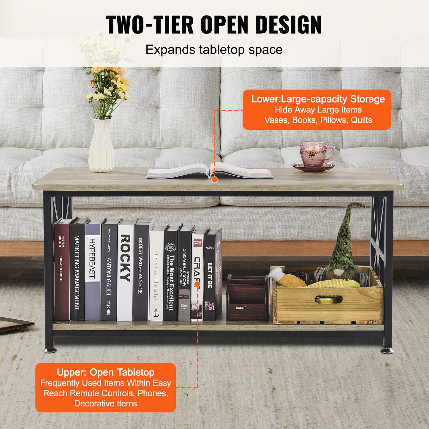 Salontafel – Koffietafel – Woonkamertafel – Houten Tafel – Landelijke Tafel – 40 Inch – Robuust Massief Hout – Open Opbergruimte