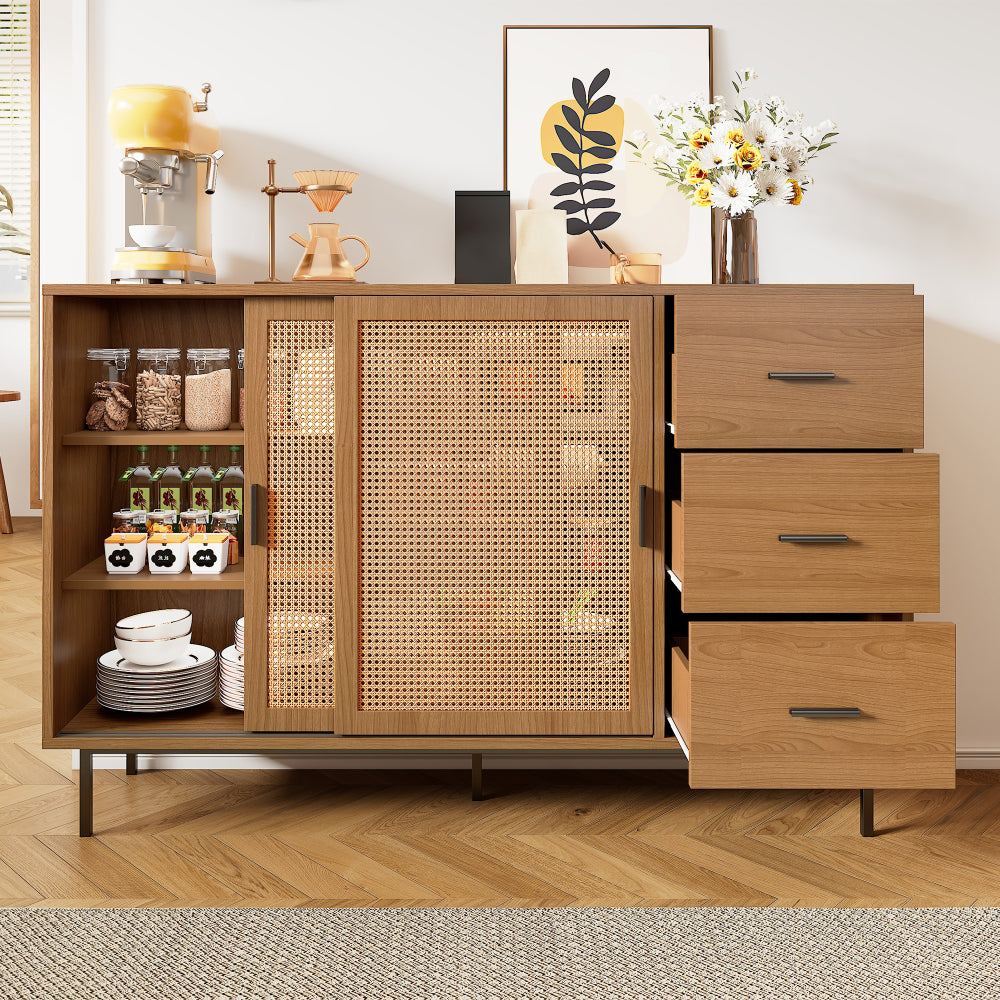 Modern Rustic Sliding Door Sideboard Cabinet with 2 Doors & 3 Adjustable Shelves - Large Storage Non-Wood Brown, Black Frame Buffet for, Dining Area - 140cm Wide Contemporary Furniture (Easy Assembly Required)