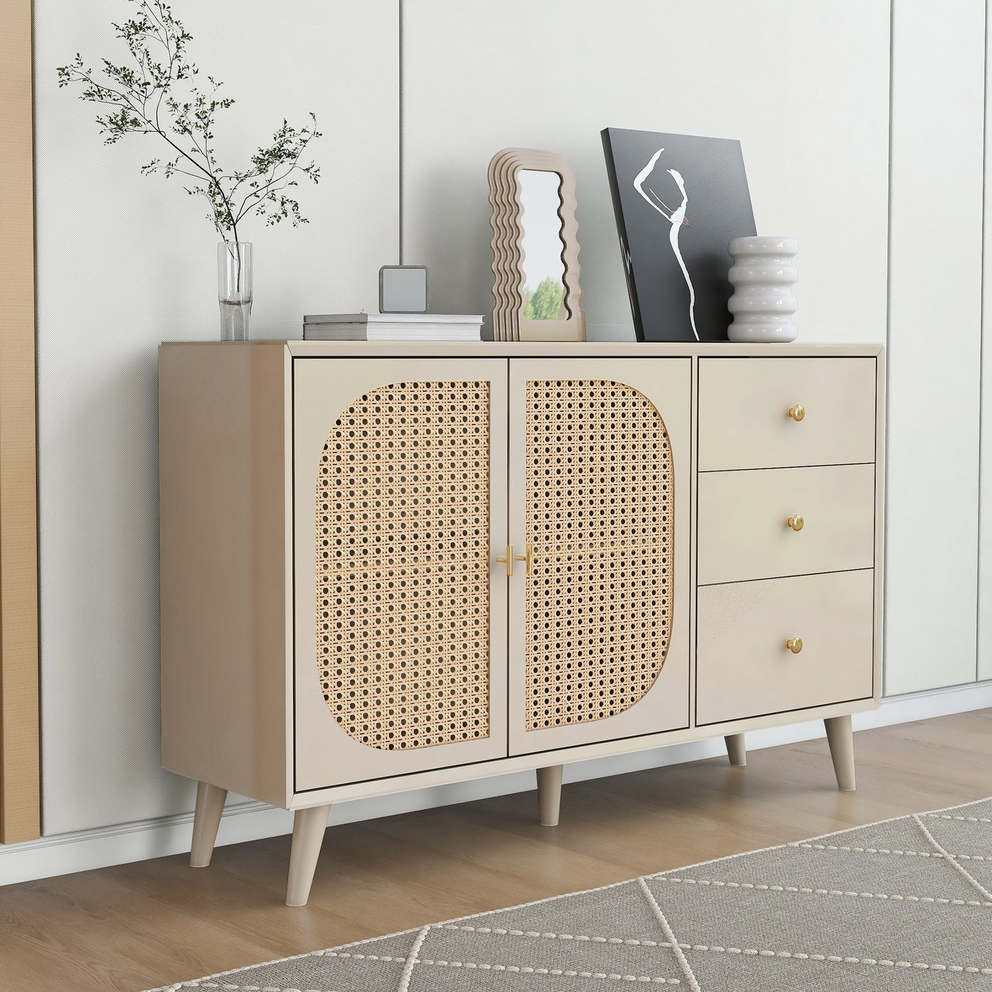 BTM Sideboard Storage Cabinet 120X40X82.5Cm, Off-White Cream with Rattan Fronts, 2 Doors & 3 Drawers, Wood Look, Modern Design for Living Room & Dining Room