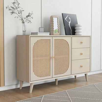 BTM Sideboard Storage Cabinet 120X40X82.5Cm, Off-White Cream with Rattan Fronts, 2 Doors & 3 Drawers, Wood Look, Modern Design for Living Room & Dining Room