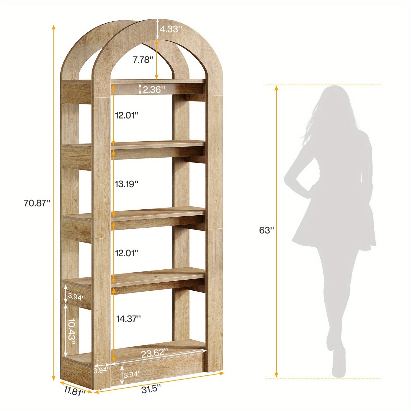 Boekenkast – Boekenrek – Opbergkast – Wandkast – Vakkenkast – Hoogstaand – Boogvormig Ontwerp – Hout & MDF – 5 Planken – Teak Kleur – Ruimtebesparend – 22,5 kg Draagvermogen per Plank