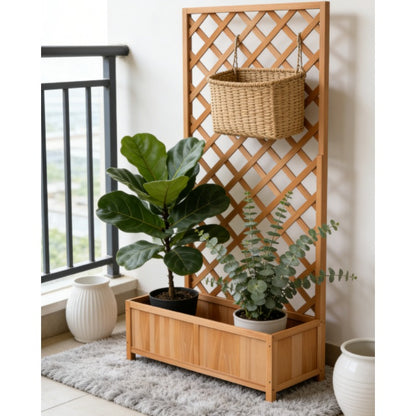 Brown Solid Fir Wood Plant Pot with Trellis | Small Apartment Balcony Festive Climbing Plants, Easy Assembly, Space-Saving, Modern Style, Plaid Pattern, Lacquered