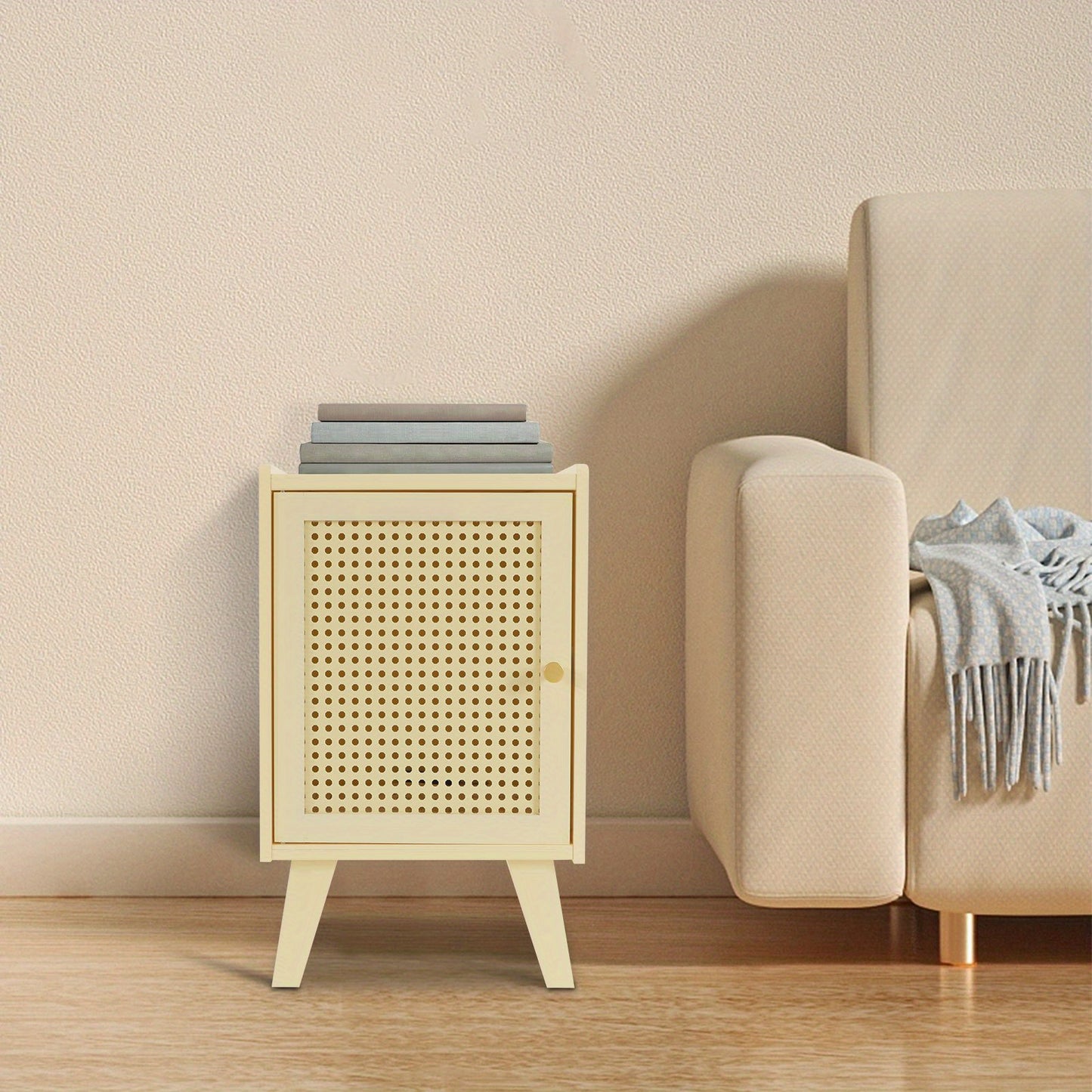 Nachtkastje – Bedside Table – Bijzettafel – Opbergmeubel – Nachtmeubel – Modern Minimalistisch Design – Compact Formaat – Duurzaam Bamboe & Krasbestendig – Romig Beige