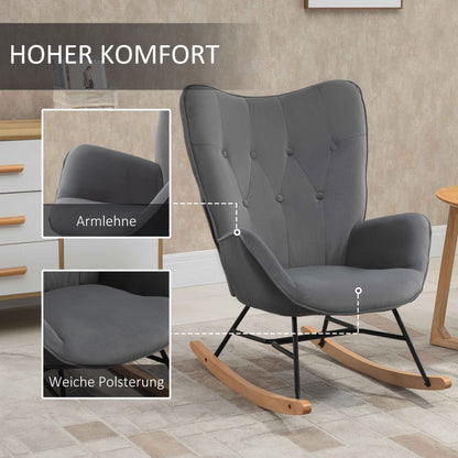 Schommelstoel – Schommelstoel Met Bekleding – Relaxstoel – Loungestoel – Houten Frame – Donkergrijs Met Fluweel – Robuust Tot 150 Kg – Handmatig Zonder Elektriciteit