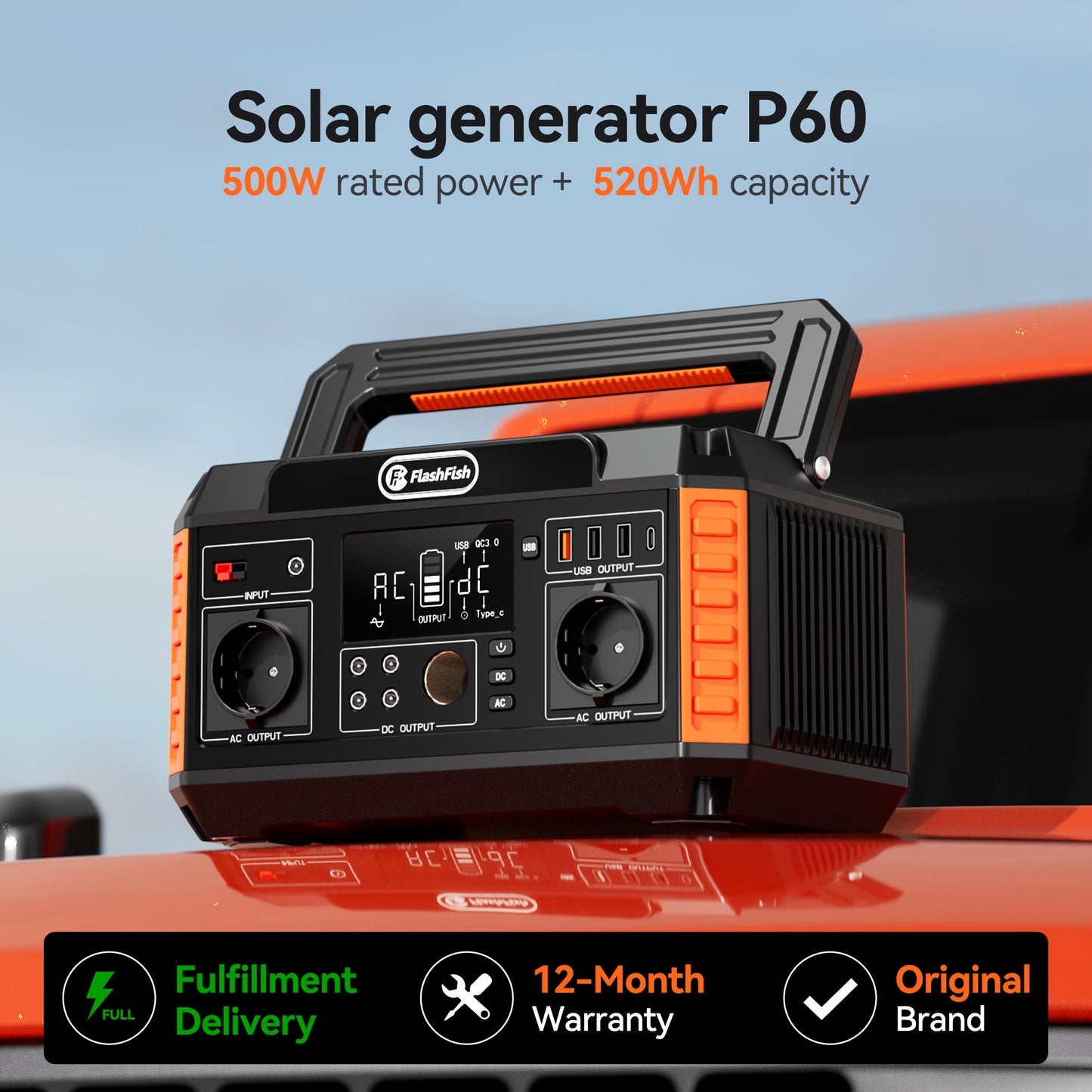 500W Portable Power Station with 100W Foldable Solar Panel - 520Wh/140, 000mAh Lithium Battery, 2 AC Outlets, 4 USB Ports, 4 Adapters, Digital Display & Solar Charging, Compact & Lightweight for Camping, Emergency, Home Backu