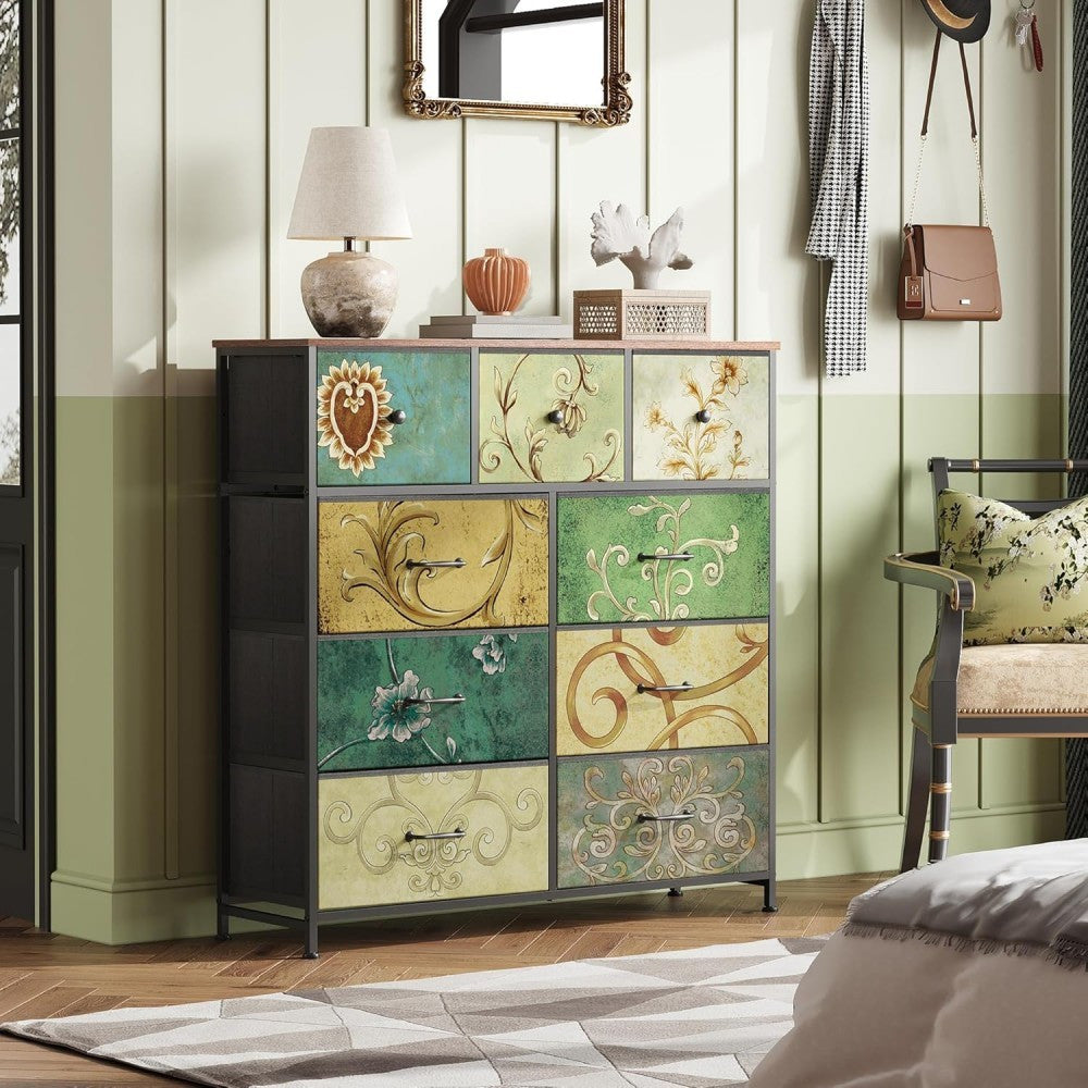 Commode – Ladekast – Dressoir – Kast – Opberger – Retro Patroon – 7 Stoffen Lades – Metaal Frame Met Houten Blad