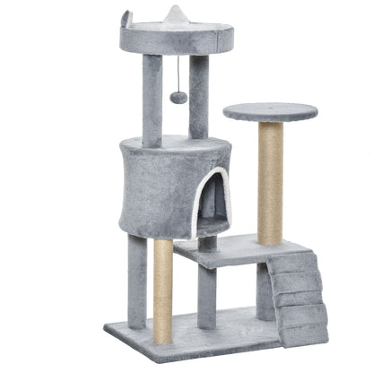 Krabpaal Kattenboom Kattenhuisje Klimpaal Krabmeubel – Met Ladder en Kattenhuisje – Natuurlijk Jute Touw – Lichtgrijs 60x40x100 cm – Stevige Spaanplaat – Comfortabel Pluche