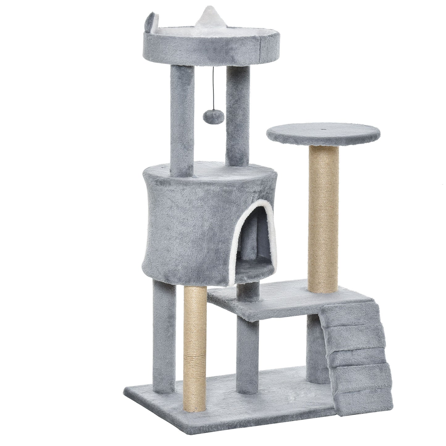 Krabpaal – Krabboom – Kattenmeubel – Klimpaal – Kattenpaal – Lichtgrijs – 100 cm Hoog – Jute Bekleed & Kattenhol Met Ladder