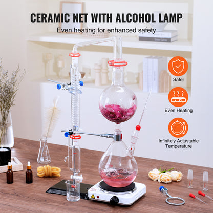 Essentiële Olie Distilleerketel – Destillatieset – Olie Extractieapparaat – Aroma Destillatie Kit – Borosilicaat Glas Set – 2000 ml Inhoud – 1000W Elektrische Verwarmingsplaat
