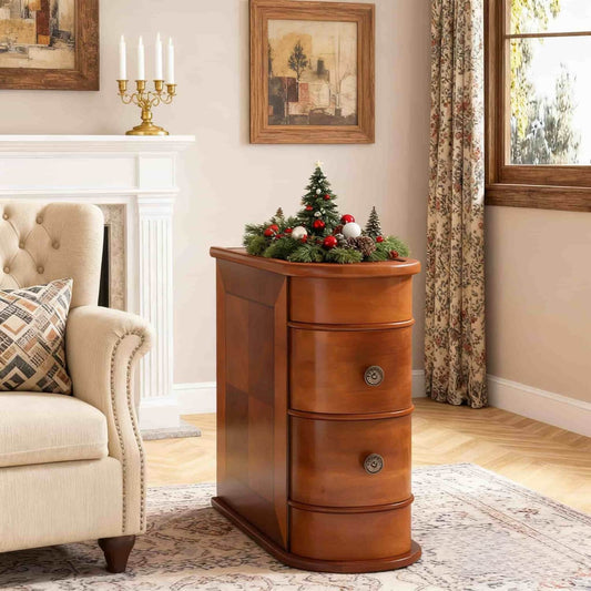 Smalle Bijzettafel – Nachtkastje – Sidetable – Accenttafel – Opbergtafel – 2 Lades – Volledig Voorgemonteerd – Massief Hout & Spaanplaat – Warme Bruine Kleur